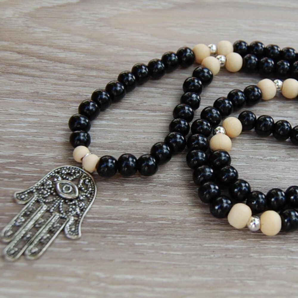 Hamsa Hand Necklace,Wood Necklace,Hand of Fatima Necklace